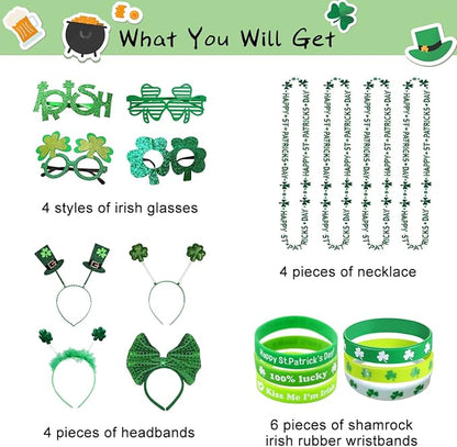 Atonofun 18 Pcs St. Patrick's Day Accessories for Kids, St. Patrick's Day Headbands, Lucky Bracelet, Shamrock Eyeglass and Clover Necklace for Irish Party Supplies Decorations