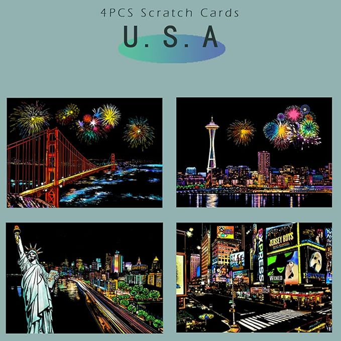 Georgie Porgy Scratch Paper Art A4 Set for Kids Adults Magic Rainbow Scratch Postcards Boards for DIY Arts and Crafts Kits Christmas Birthday Gift with Scratching Tools Kit (Europe+USA)