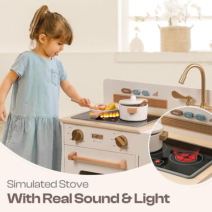 ROBOTIME Play Kitchen for Toddlers, Wooden Kids Play Kitchen Playset with Real Lights & Sounds/Ice Cube Dispenser, Pretend Play Toy Kitchen, Gift for Ages 3+ (White)