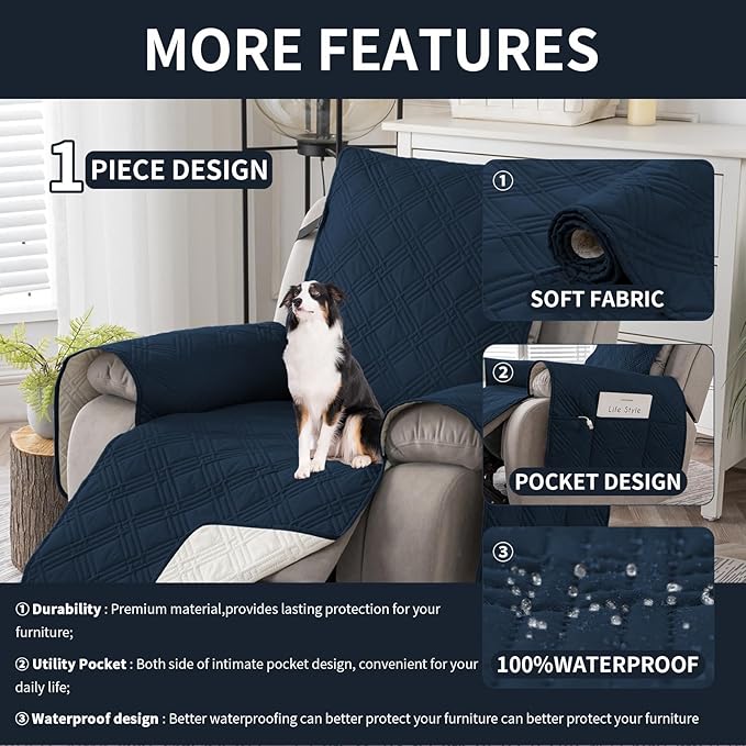 Easehomey 100% Waterproof Recliner Chair Covers, Non Slip Oversized Reclining Cover, Cover Furniture Protector Washable Chair Cover with Pocket,Elastic Straps for Kids,Pets,Dogs(Dark Blue,28")