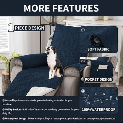 Easehomey 100% Waterproof Recliner Chair Covers, Non Slip Oversized Reclining Cover, Cover Furniture Protector Washable Chair Cover with Pocket,Elastic Straps for Kids,Pets,Dogs(Dark Blue,28")