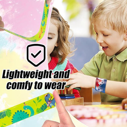 POPLAY 48PCS Kids Slap Bracelets, Slap Wristbands Bulk Tie Dye Bracelets Dinosaurs Mermaid Space Galaxy for Party Favors Classroom Prizes Exchanging Gifts