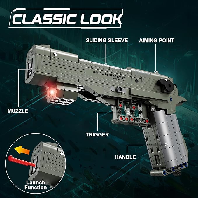 Finger Rock Gun Building Blocks Sets, 1:1 Simulation Shooting Toy M92F Pistol Model Building Kit, Rifle Weapon Collectible Gift for Military Enthusiasts, Adults Kids 14+ (360 pcs)