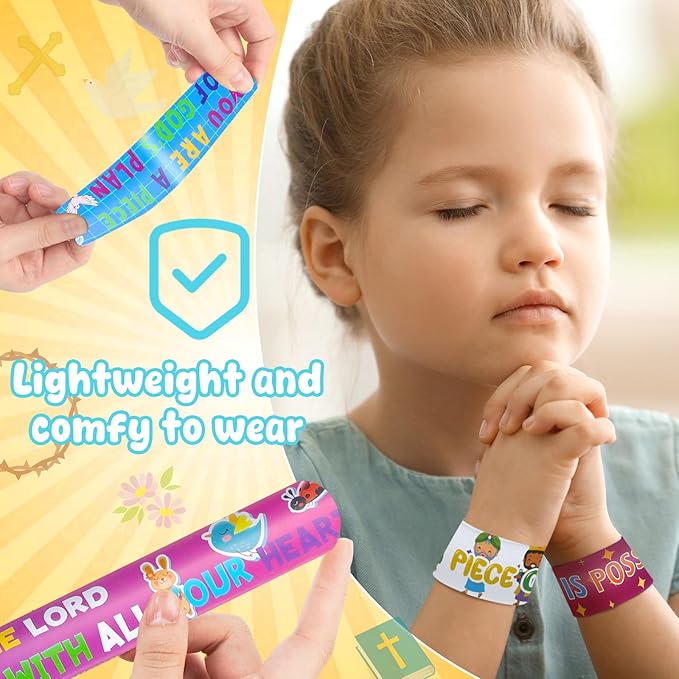LovesTown 48PCS Christian Snap Bracelets, Bible Verses Religious Slap Wristbands Slap Bracelets for Kids Sunday School Gifts Classroom Prizes