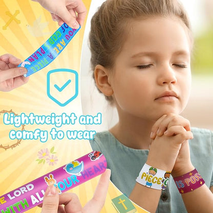 LovesTown 48PCS Christian Snap Bracelets, Bible Verses Religious Slap Wristbands Slap Bracelets for Kids Sunday School Gifts Classroom Prizes