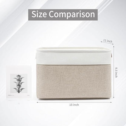Bagnizer Storage Bins Large Fabric Storage Baskets for Shelves 3 Pack, Decorative Linen Closet Baskets with Handles for Organizing, Shelf, Clothes, Home, Office, 15x11x9.5Inches (Beige&White)