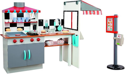 Little Tikes Real Wood Drive-Thru Diner Wooden Play Kitchen with Realistic Lights Sounds and Multi-Sided, 40+ Accessories Set, Gift for Kids, Toy for Girls & Boys Ages 3 4 5+ Years(Multi color)