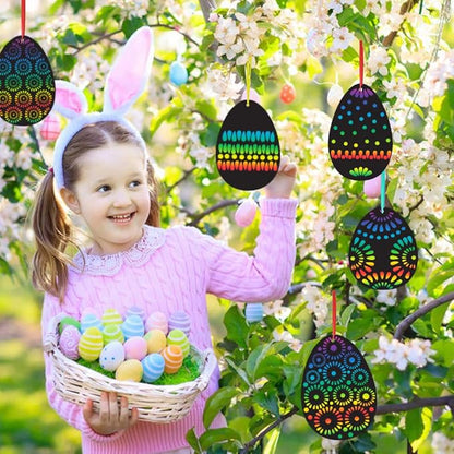 Koogel Easter Egg Scratch Art Set, 36 PCS Rainbow Scratch Art Mini Notes with Colorful Ribbon and Wooden Stick Crafts for Kids Party Favor Easter Decor Tree Decor