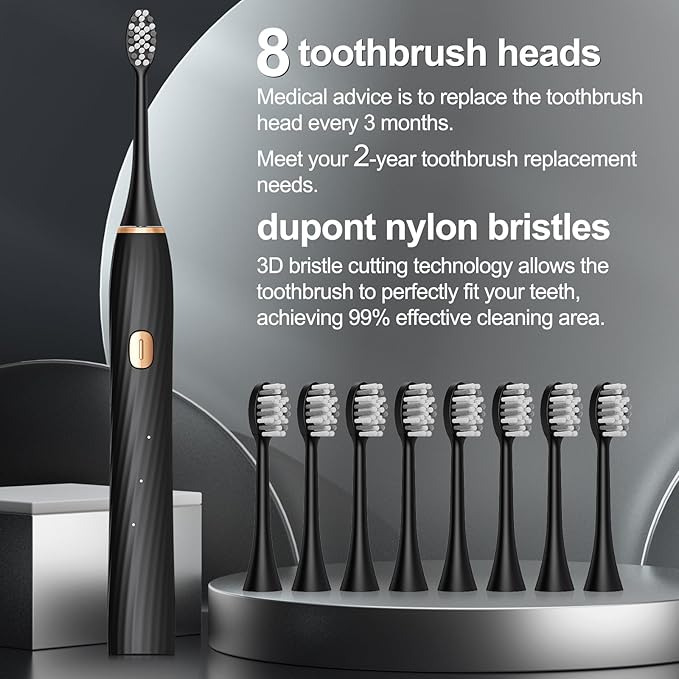 Electric Toothbrush for Adults and Kids, Sonic Electric Toothbrush, 4 Modes and 2 Minute Timer, 30000-45000VPM Power Toothbrush, IPX8, One Charge for 90 days 8 Replacement Head, Christmas Gift (Black)