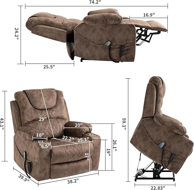 FANYE Electric Power Lift Chair for Elderly W/Massage and Heat, Infinite Positions 2 Remote Controllers Oversized Velvet Upholstered Recliner & Armchair W/Side Pockets & Cup Holders, Brown V