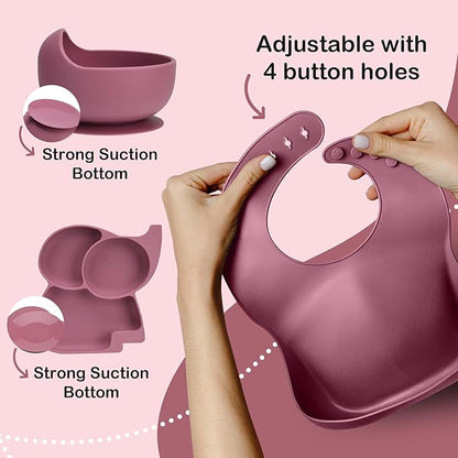 Complete Silicone Baby Feeding Set - 6+ Months Food Grade Baby Feeding Essentials | Silicone Bibs, Baby Bowls and Plates, 3 in 1 Baby Sippy Cup, Spoons and Fork Set | Free of BPA/PVC/Lead/Phthalate
