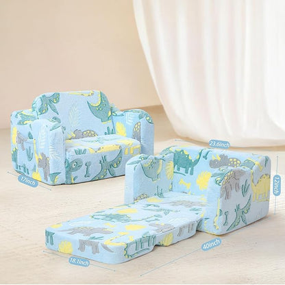 MeMoreCool Glow in The Dark Dinosaur Toddler Couch, Foldable Plush Kids Recliner Chair, Baby Lounge Sofa, Fold Out Couch for Boys Ages 1-3 (Blue)