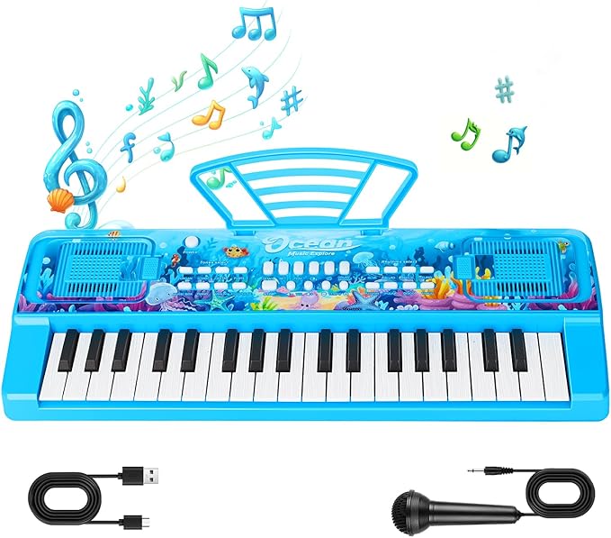 Upgraded 37 Keys Kids Piano Keyboard with Microphone Music Stand – Portable Musical Toys for Toddlers Ages 3 4 5 6 Boys Girls Birthday Gift - Blue