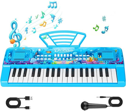 Upgraded 37 Keys Kids Piano Keyboard with Microphone Music Stand – Portable Musical Toys for Toddlers Ages 3 4 5 6 Boys Girls Birthday Gift - Blue