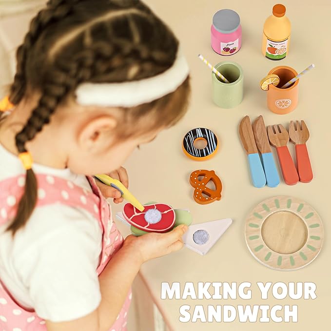 Dreamon Wooden Play Food Set - 22 Pcs Play Food Sets for Kids Kitchen with Carry Basket,Pretend Food for Toddlers,Cutting Food Toys for Toddlers for 3+ Year Old Boys and Girls Gifts