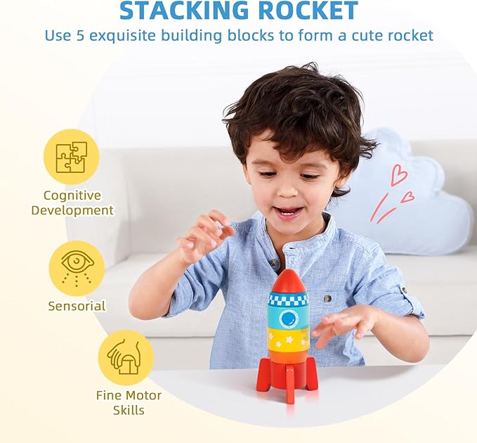 Montessori Educational Toys for 1 Year Old, 6 in 1 Learning Toys Set for Toddlers Wooden Toy Present (3-in-1 Edutational Box, Stacking Roctet Ship, Touch & Match Board, Picture Book and More)