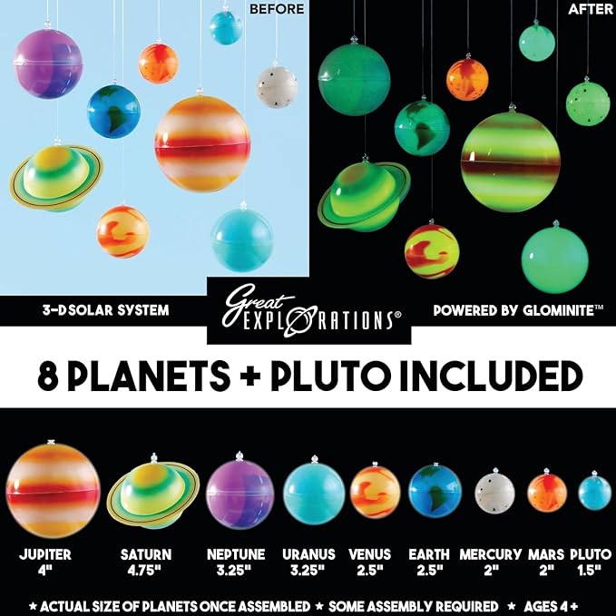 Great Explorations | 3-D Solar System Glow In The Dark Ceiling Hanging Kit 3D Planets and Star Stickers Create the Milky Way Teach Science STEM