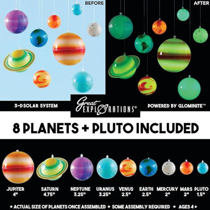 Great Explorations | 3-D Solar System Glow In The Dark Ceiling Hanging Kit 3D Planets and Star Stickers Create the Milky Way Teach Science STEM