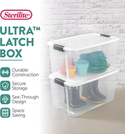 Sterilite 8-Pack 70 Quart Ultra Latch Box, Clear Storage Organizer Bins with Latching Lids - Stackable Plastic Containers for Home Organization in Garage, Attic, Basement, and Closet