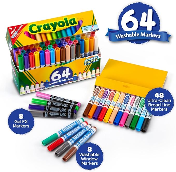 Crayola Washable Marker Set, 48 Broad Line Markers for Kids, 8 Gel Markers, 8 Window Markers, Gifts for Boys & Girls, Ages 3+