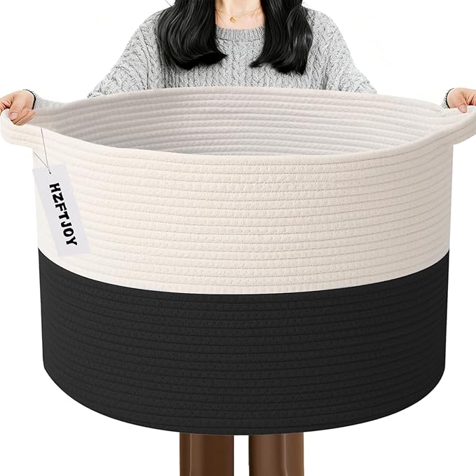 115L Large Blanket Basket,23.6" L x 23.6" W x 15.7" H Rope Woven Baskets with Handles, Toys Storage Bins,Laundry Basket Perfect for Living Room, Nursery,Bedroom,Home Organization,White&Black