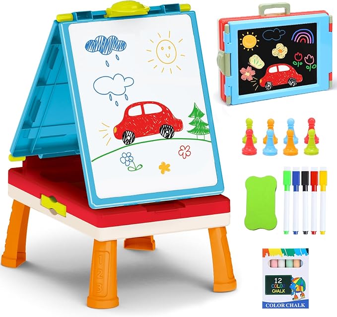 Kids Art Easel Toys, Foldable Double Sided Tabletop Art Easel, Chalk Board and White Board with Painting Accessories, Birthday Gift for Toddlers, Boys and Girls