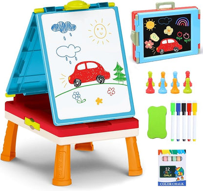 Kids Art Easel Toys, Foldable Double Sided Tabletop Art Easel, Chalk Board and White Board with Painting Accessories, Birthday Gift for Toddlers, Boys and Girls