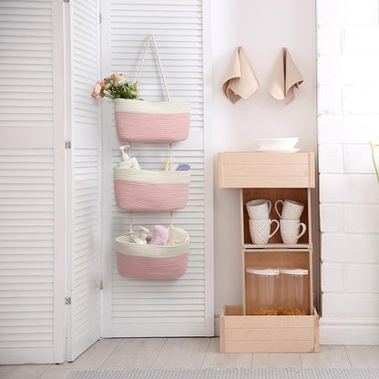 TeoKJ Over the Door Hanging Basket, 3-Tier Woven Cotton Wall-Mounted Storage Organizer Bag Decorative Hanging Nursery Baskets, Pink & White