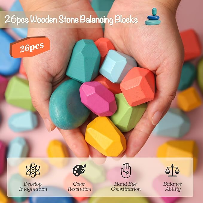 OESSUF Stacking Rocks 26Pcs Stacking Blocks Balancing Stacking Stones Wooden Building Toys Wood Stone Stacking Game for Toddler Sorting Preschool Educational Montessori Stacking Rocks for Kids