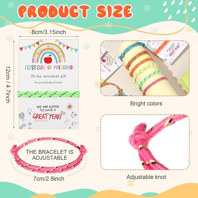 First Day of Preschool Gift for Students Bulk Back to School Party Favors Adjustable Bracelet with Card Sets Friendship Bracelets Neon Woven Rope Classroom Supplies Reward