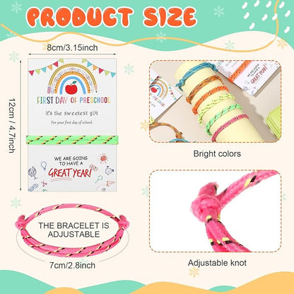 First Day of Preschool Gift for Students Bulk Back to School Party Favors Adjustable Bracelet with Card Sets Friendship Bracelets Neon Woven Rope Classroom Supplies Reward