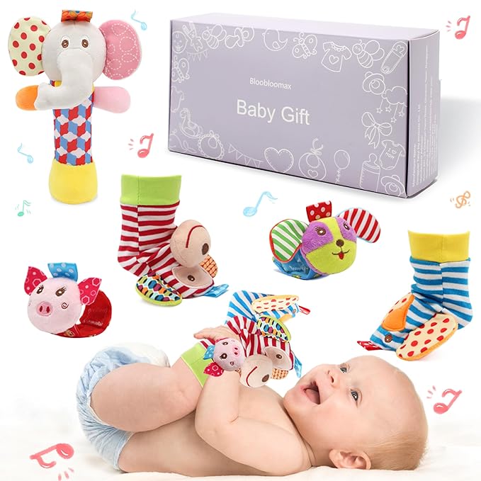 Bloobloomax Wrist Rattles Foot Finder Rattle Sock Baby Toy, Rattle Toy, Arm Hand Bracelet Rattle, Feet Leg Ankle Socks, Activity Rattle Present Gift for Newborn Infant Babies Boy Girl (5pcs-D)