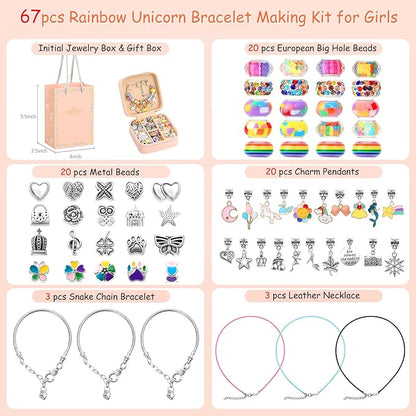 Charm Bracelet Making Kit for Girls 3-12, Kids Jewelry Making Kit 66Pcs Jewelry Kits for Girls Ages 8-12 Jewelry Maker Craft Necklace Birthday Christmas Gifts with Initial Jewelry Organizer Box - F