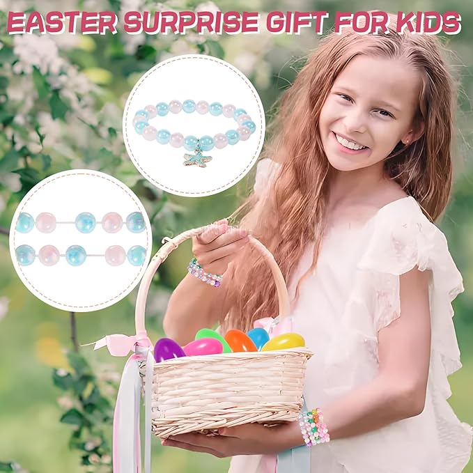 24 PCS Easter Eggs Prefilled with Bracelets, Easter Kids Basket Stuffer, Pre Plastic Easter Eggs Stuffers Easter Toys for Easter Eggs Hunt Game, Girls Easter Party Favor, Classroom Prize Supplies