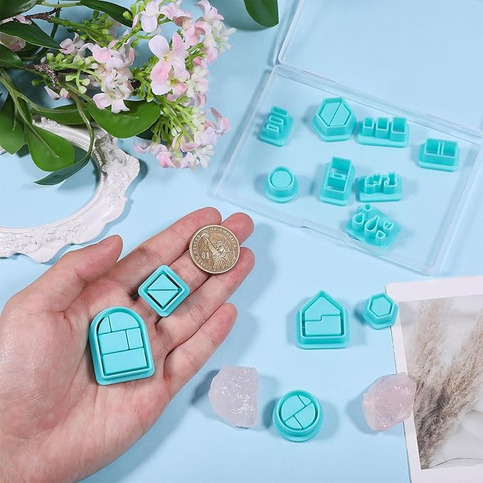 ORIGACH 13 Pcs Mini Bookshelf Polymer Clay Cutters，Book Vase Frame Design Clay Cutters for Polymer Clay Jewelry Earrings with a Clear Storage Box