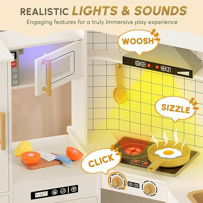 BIERUM Coner Wooden Play Kitchen with Real Lights & Sounds, Trendy Home Style Kitchen Playset, Toy Kitchen with 28 Pcs Toy Food & Cookware Accessories, Gift for Boys & Girls Ages 3+