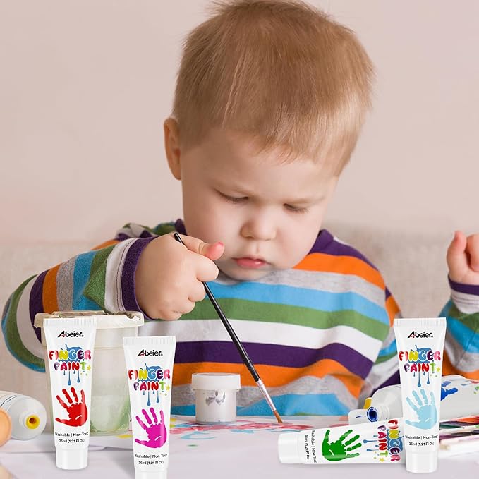 ABEIER Washable Finger Paint Kit for Toddlers, 12 Colors with Paint Tools, Safe Non-Toxic, Baby Safe Paint for Hand and Feet, Mess Free Art Supplies for Kids, DIY Crafts, Kids Gifts, Ages 3+
