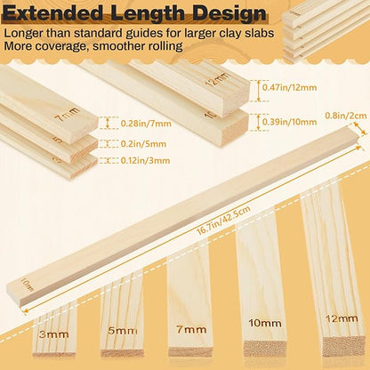 Sasylvia 10 Pcs Pottery Rolling Pin Guides Wood Teaching Rolling Mud Stick Guide Set Polymer Clay Depth Guide Pottery Tools Clay Mudboard Tools (5 Size Lengthen,Wood Color)