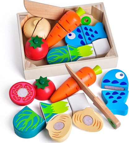 FUN LITTLE TOYS 12 Pcs Wooden Pretend Cutting Play Food Set for Kids Aged 3+, Early Education Toy for Toddlers, Veggie Slicers Playset, Toys Food and Vegetables with Storage Case