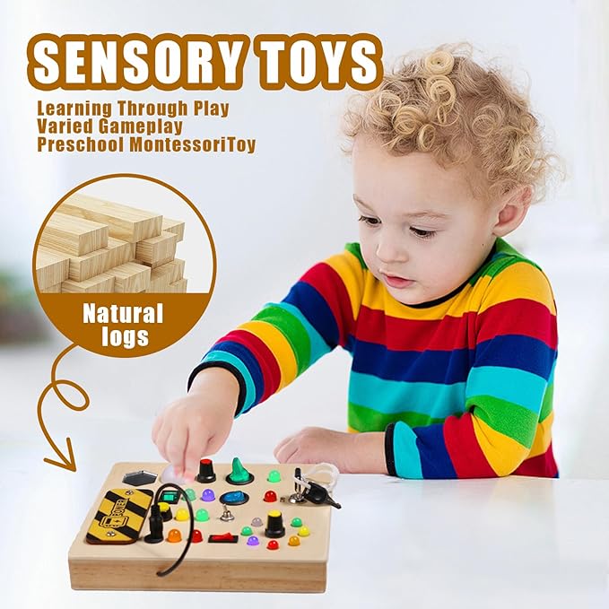 Busy Board with Led Light, Wooden Educational Montessori Sensory Travel Toys for Toddlers 1-3, Fine Motor Skills Birthday Gifts for Boys Girls Toddlers 1 2 3