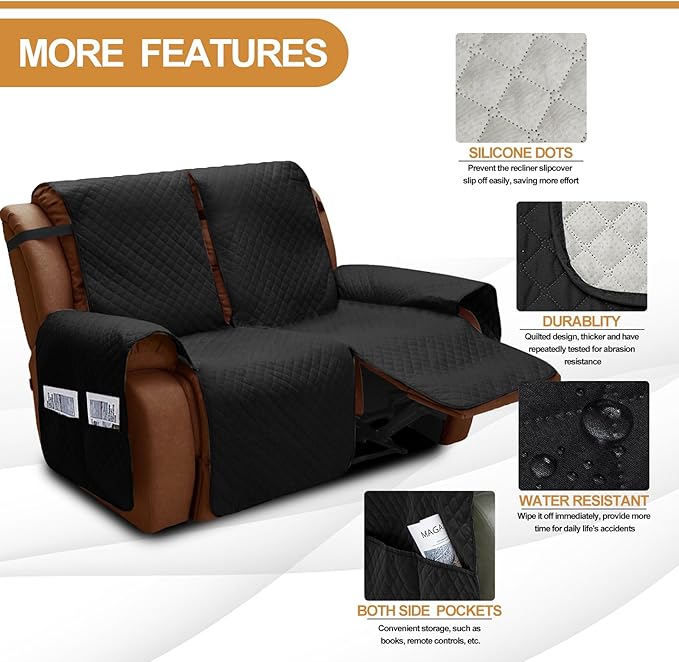 XINEAGE Water Resistant Recliner Cover, 2 seat Recliner Loveseat Covers with Pockets, Quilted Thick Recliner Protector Cover for Dog Pets with Non Slip Backing and Strap (Recliner Loveseat, Black)
