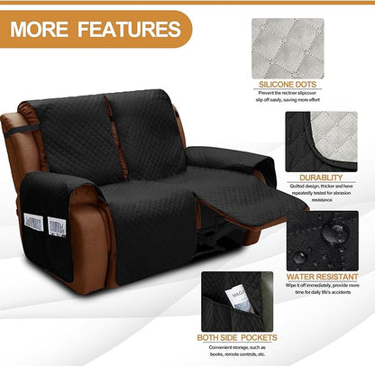 XINEAGE Water Resistant Recliner Cover, 2 seat Recliner Loveseat Covers with Pockets, Quilted Thick Recliner Protector Cover for Dog Pets with Non Slip Backing and Strap (Recliner Loveseat, Black)