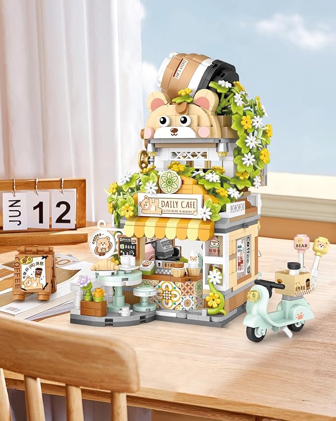 City Street View Bear Coffee Shop Building Blocks Set, MOC Creative Bear Animal Theme House, Simulation Architecture Construction Toy, Gifts Idea for Kids Adults (Mini Blocks 1077 pcs)