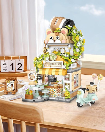 City Street View Bear Coffee Shop Building Blocks Set, MOC Creative Bear Animal Theme House, Simulation Architecture Construction Toy, Gifts Idea for Kids Adults (Mini Blocks 1077 pcs)