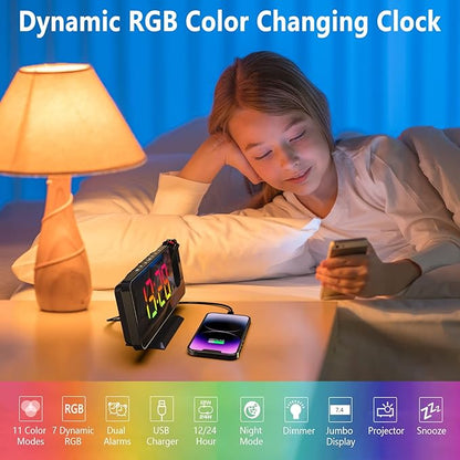 Projection Alarm Clock for Bedroom Ceiling,11 Colors RGB Digital Clock Large Display, 7.3'' Large Mirror Screen with Dual Alarm,5 Auto Dimmer,12/24H, Snooze,180°Projector on Ceiling