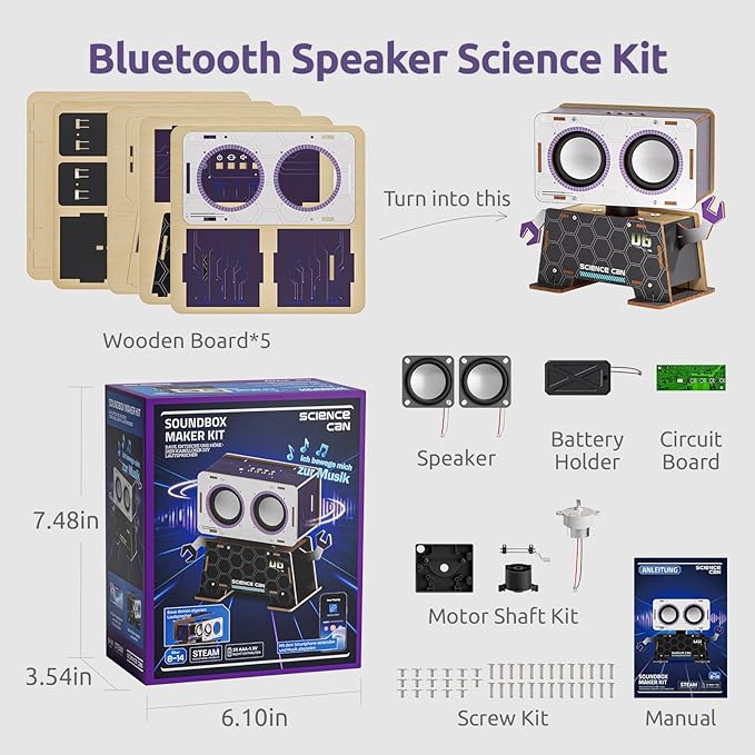 Science Can STEM Toys for Ages 8-13, DIY Bluetooth Speaker Kit with Rotating Head Robot, Electronic Stem Kits with Wooden Puzzles, Educational Building Toy, Birthday Gift for Boys & Girls