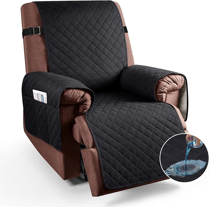 KinCam 100% Waterproof Recliner Chair Cover, Reclining Couch Covers for Pets, Dogs, Recliner Couch Slipcover Furniture Protector with Elastic Straps for Kids(28", Black)