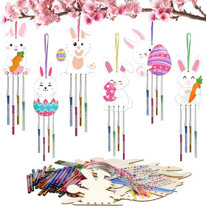 Fennoral 24 Pack Bunny Wind Chime Kit for Kids Make You Own Easter Rabbit Wind Chimes DIY Coloring Wooden Easter Craft for Girls Boys for Easter Hanging Ornaments Easter Party Decoration