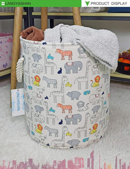 LANGYASHAN Laundry Basket Canvas Collapsible Organizer Storage Basket for Boys Girls Laundry Hamper Toy Bins Gift Baskets Bedroom Clothes Children Nursery (Animal)