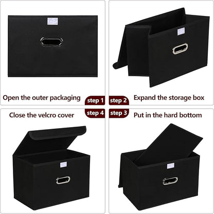 STOREONE Fabric Storage Cube Bins Foldable Organizer Container Collapsible Basket with Lids and Metal Handles, for Home, Bedroom, Closet 8 Pcs (Black)